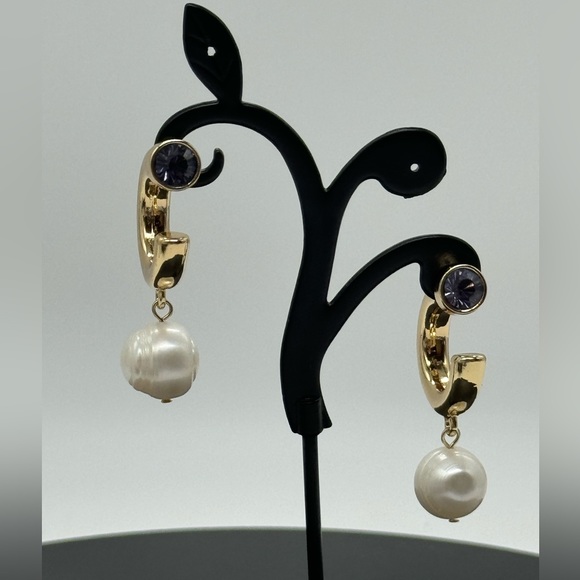INC Gold Tone Open Hoop with Dangling Faux Pearl Purple Crystal Post Earrings - Picture 7 of 13
